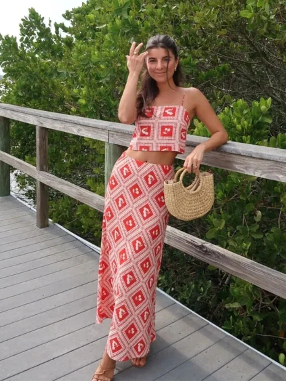 Abercrombie & Fitch Red Cherry Print Maxi Skirt & Top Linen Set Sz XXS